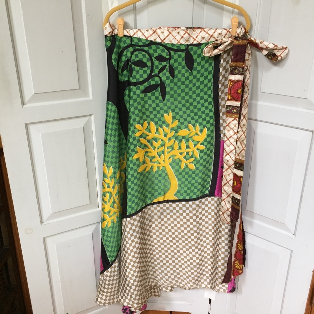 Good Darn Yarn Reversible Sari Silk Wrap Maxi Skirt~ Green Pink Brown